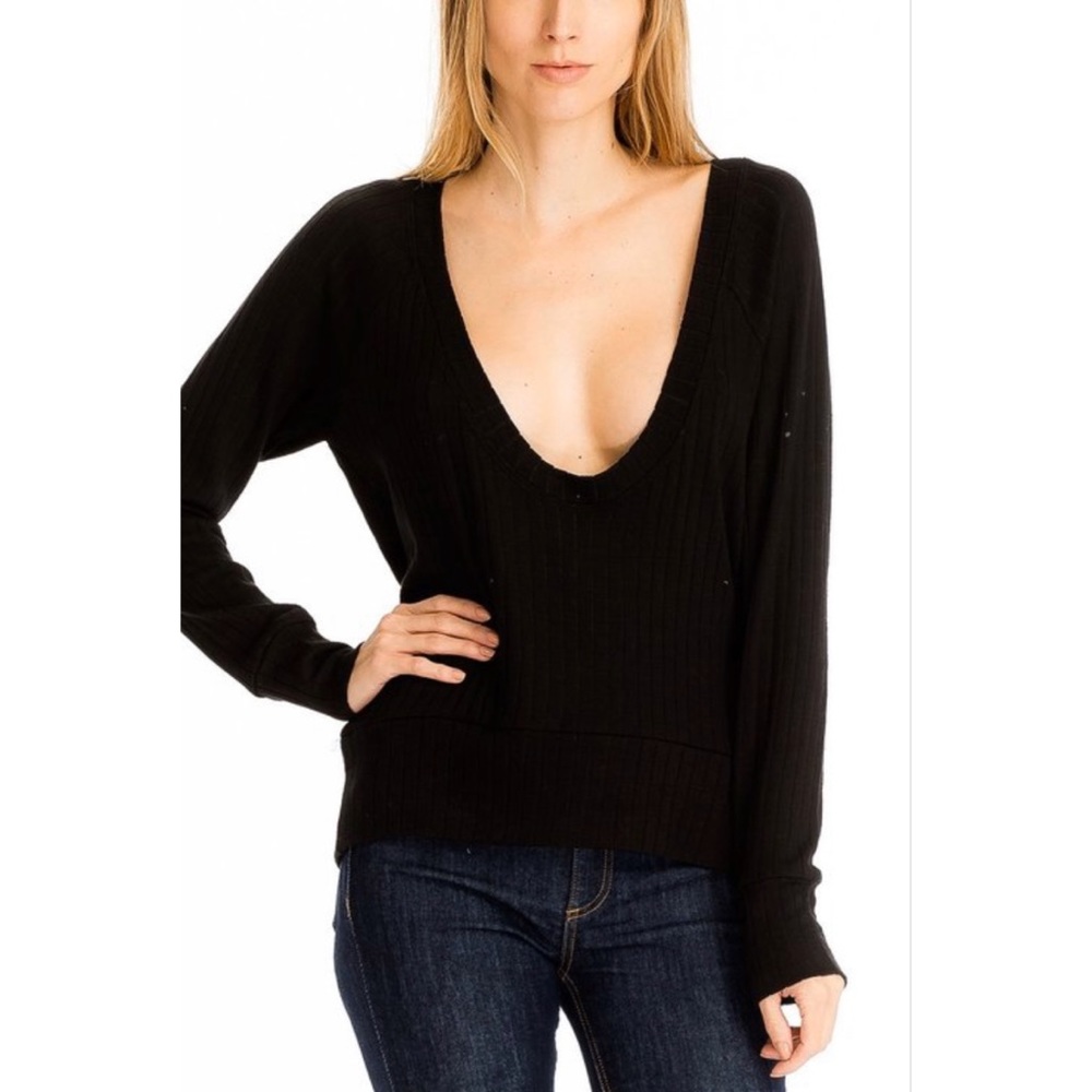 Ribbed Scoop Neck Long Sleeve Black